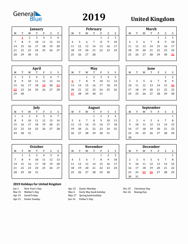 2019 United Kingdom Holiday Calendar - Monday Start