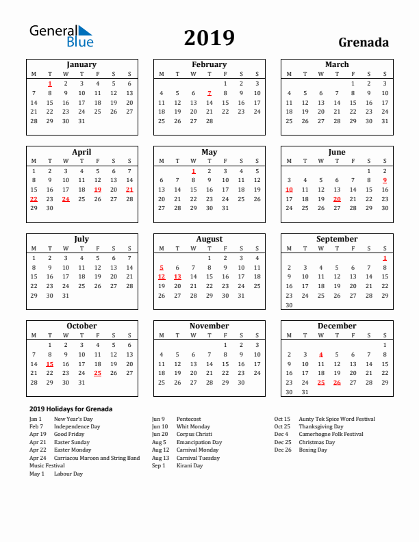 2019 Grenada Holiday Calendar - Monday Start
