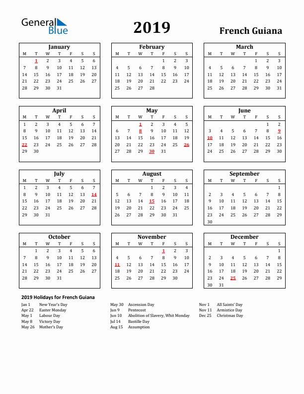 2019 French Guiana Holiday Calendar - Monday Start