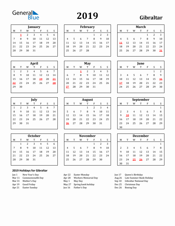 2019 Gibraltar Holiday Calendar - Monday Start