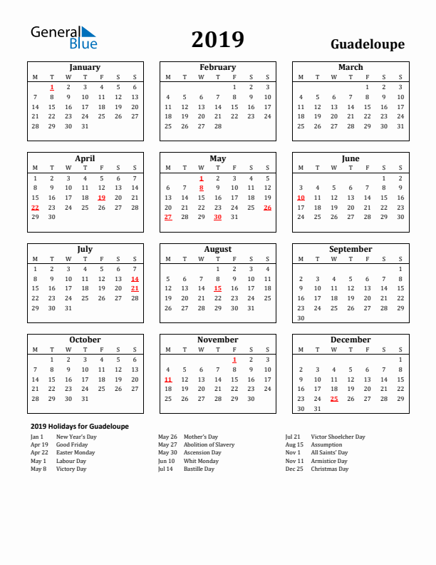 2019 Guadeloupe Holiday Calendar - Monday Start