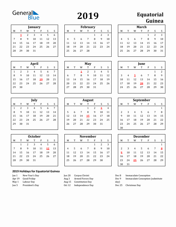 2019 Equatorial Guinea Holiday Calendar - Monday Start