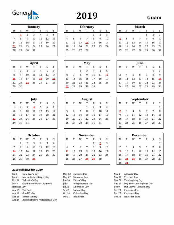 2019 Guam Holiday Calendar - Monday Start