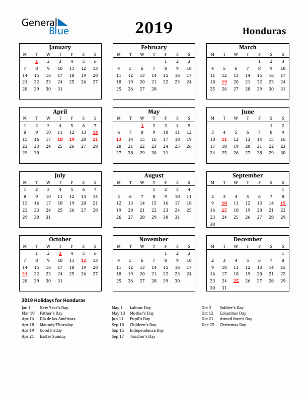 2019 Honduras Holiday Calendar - Monday Start