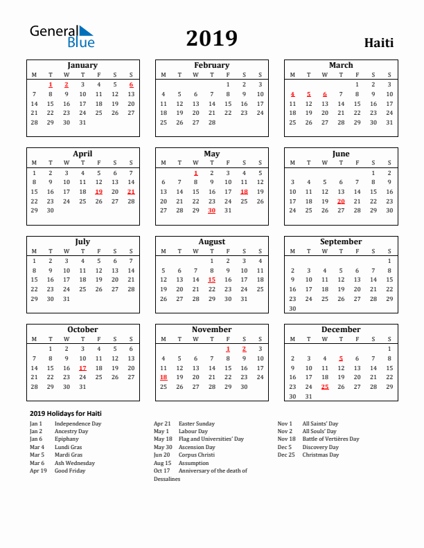 2019 Haiti Holiday Calendar - Monday Start