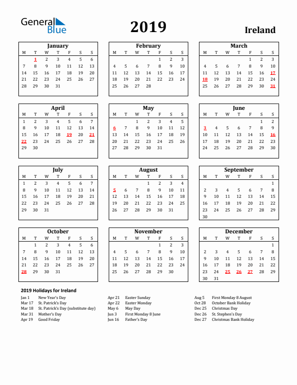 2019 Ireland Holiday Calendar - Monday Start