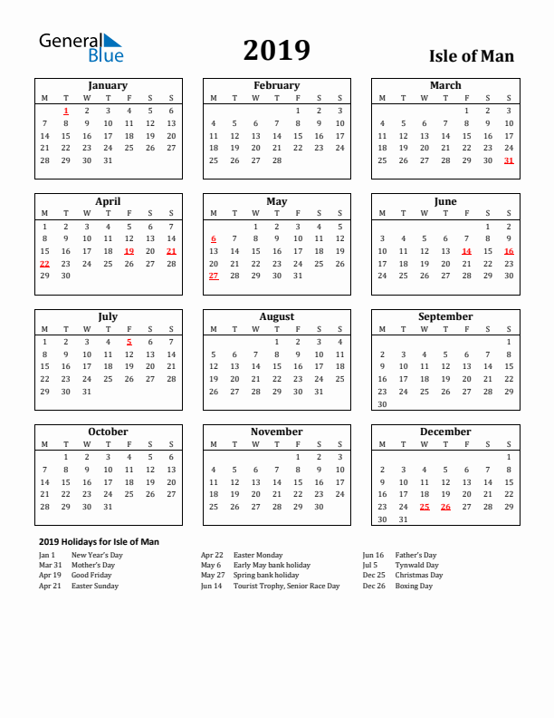 2019 Isle of Man Holiday Calendar - Monday Start