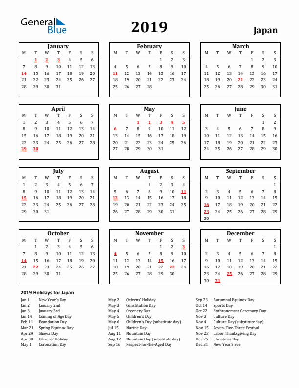 2019 Japan Holiday Calendar - Monday Start