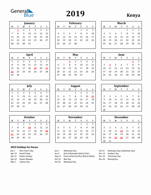 2019 Kenya Holiday Calendar - Monday Start