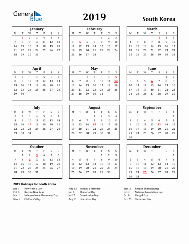 2019 South Korea Holiday Calendar - Monday Start