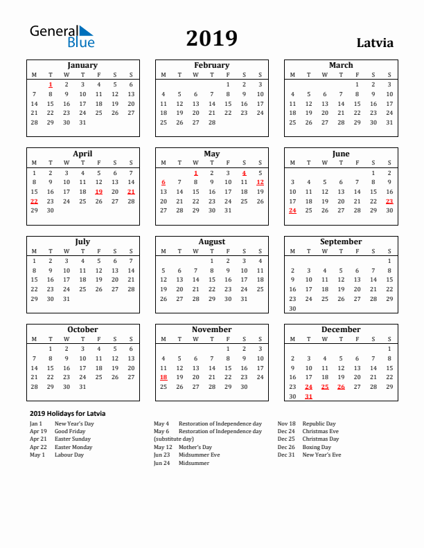 2019 Latvia Holiday Calendar - Monday Start
