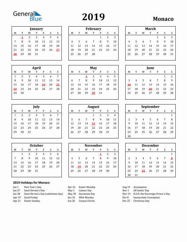 2019 Monaco Holiday Calendar - Monday Start