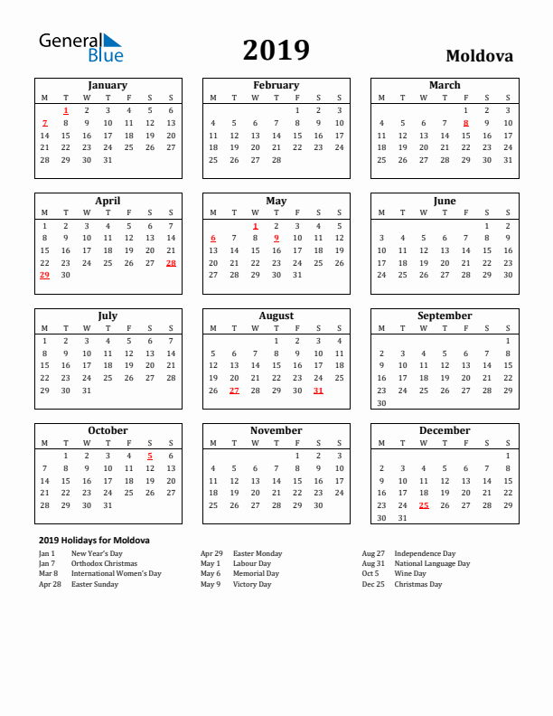 2019 Moldova Holiday Calendar - Monday Start