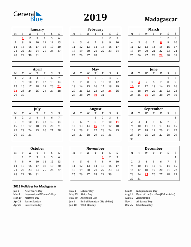 2019 Madagascar Holiday Calendar - Monday Start