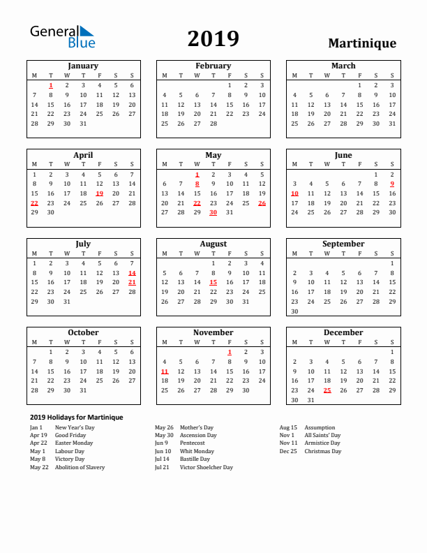 2019 Martinique Holiday Calendar - Monday Start