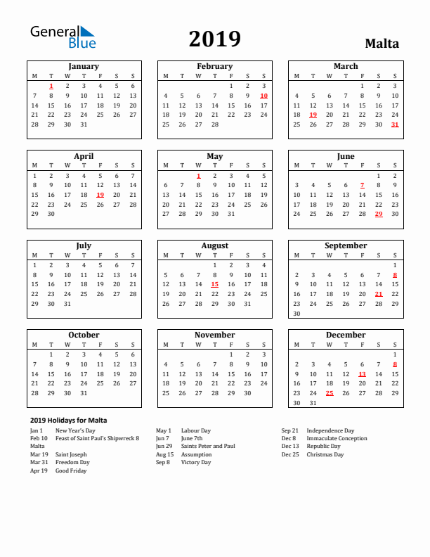 2019 Malta Holiday Calendar - Monday Start