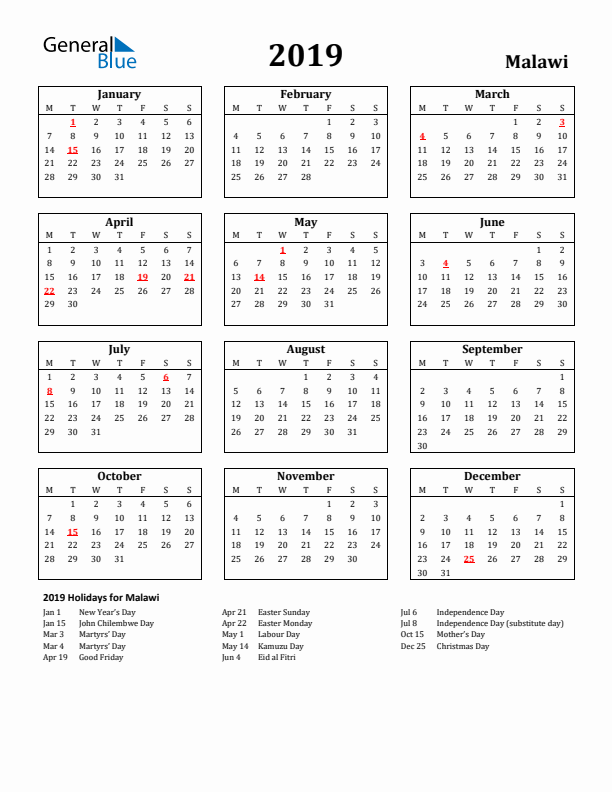 2019 Malawi Holiday Calendar - Monday Start