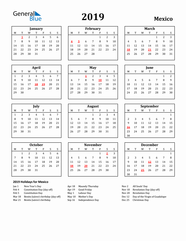 2019 Mexico Holiday Calendar - Monday Start