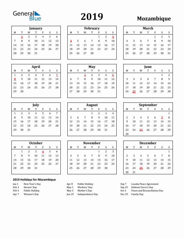 2019 Mozambique Holiday Calendar - Monday Start