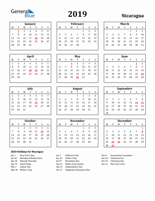 2019 Nicaragua Holiday Calendar - Monday Start