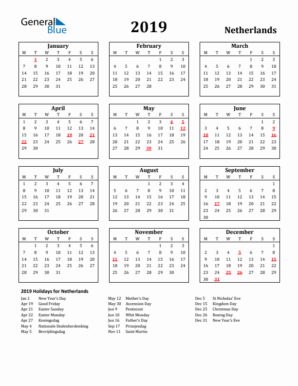 2019 The Netherlands Holiday Calendar - Monday Start