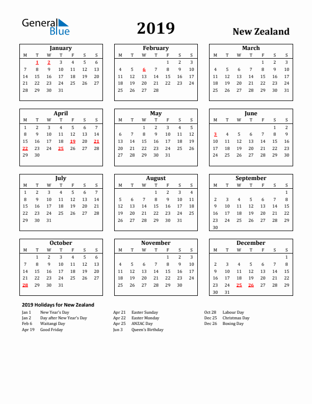 2019 New Zealand Holiday Calendar - Monday Start