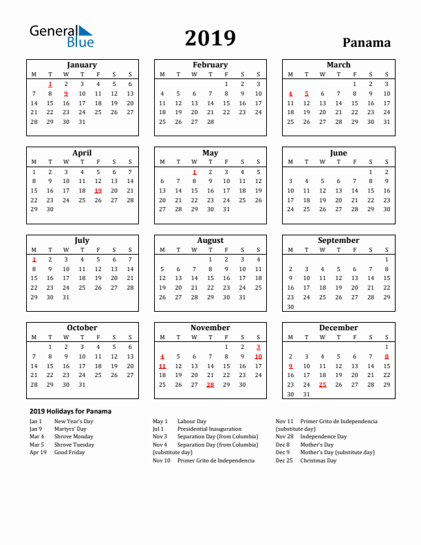 2019 Panama Holiday Calendar - Monday Start