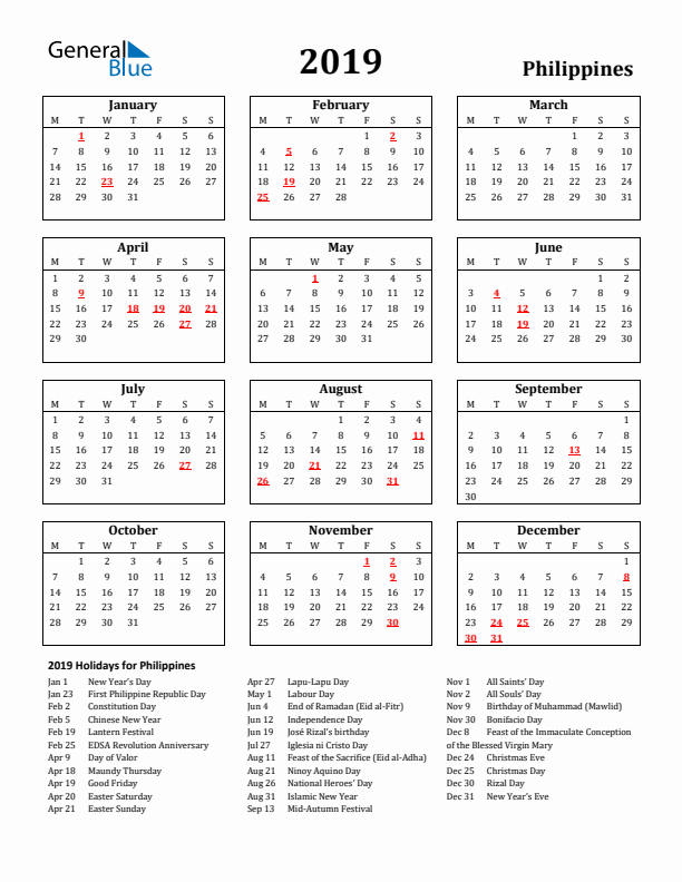 2019 Philippines Holiday Calendar - Monday Start