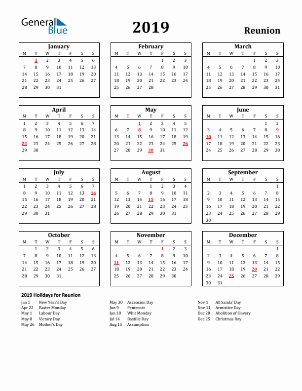 2019 Reunion Holiday Calendar - Monday Start