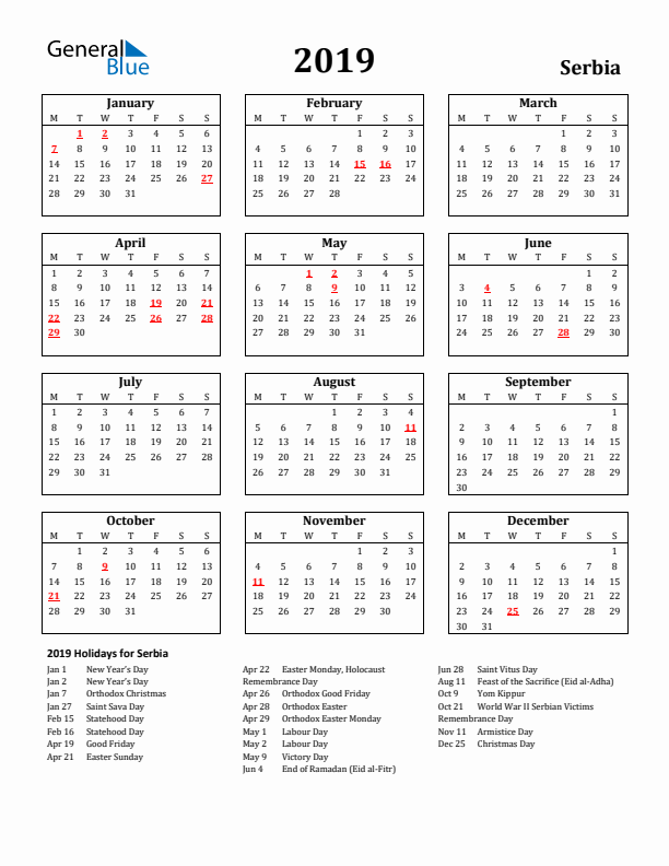 2019 Serbia Holiday Calendar - Monday Start