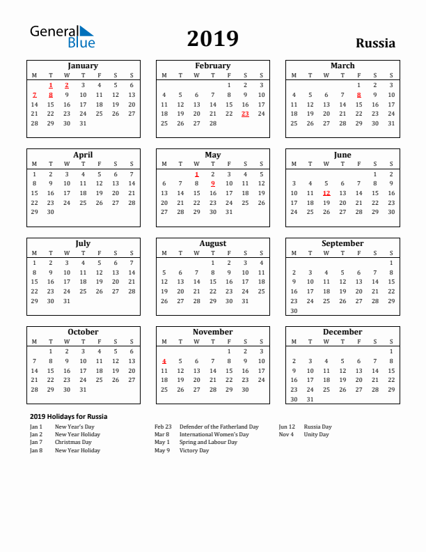 2019 Russia Holiday Calendar - Monday Start