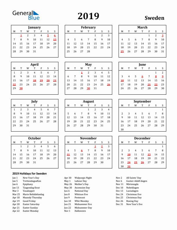 2019 Sweden Holiday Calendar - Monday Start