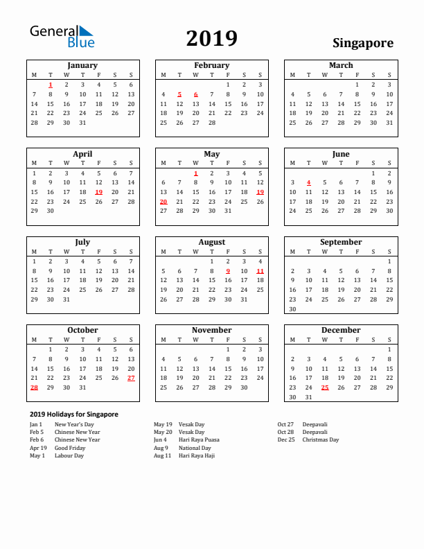 2019 Singapore Holiday Calendar - Monday Start