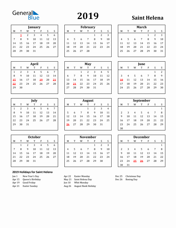2019 Saint Helena Holiday Calendar - Monday Start