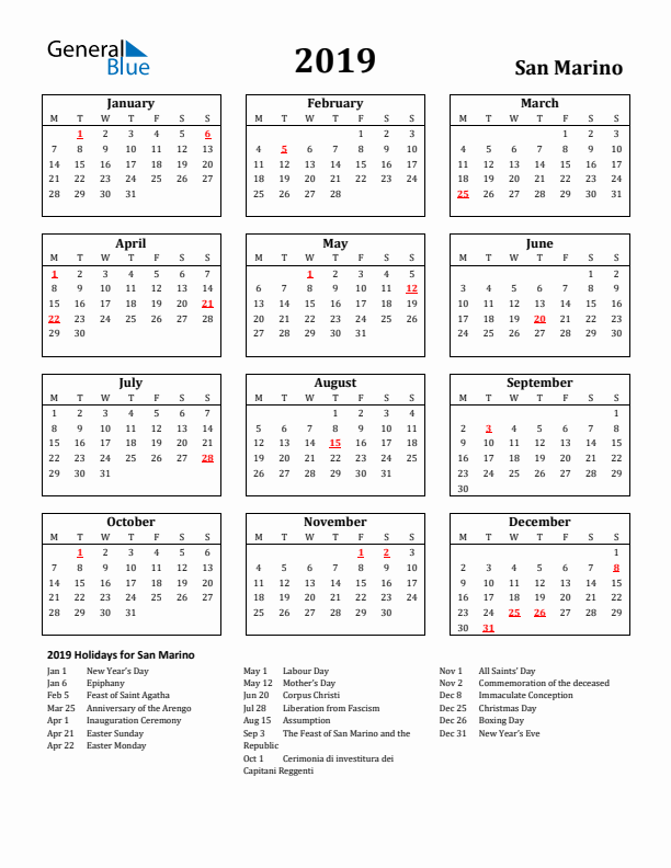 2019 San Marino Holiday Calendar - Monday Start