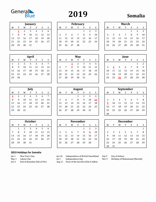 2019 Somalia Holiday Calendar - Monday Start