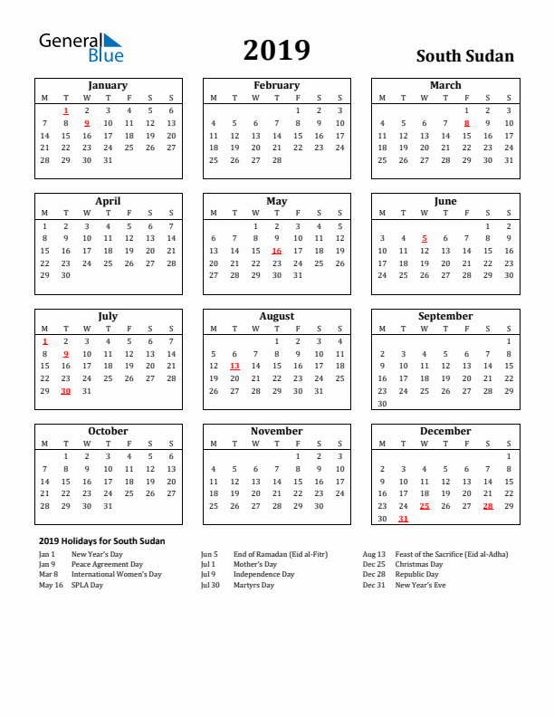 2019 South Sudan Holiday Calendar - Monday Start