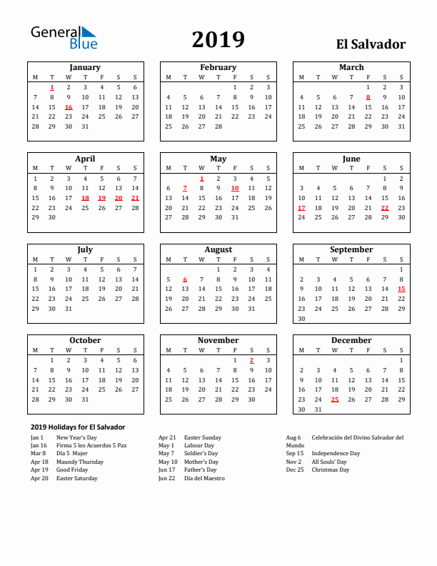 2019 El Salvador Holiday Calendar - Monday Start