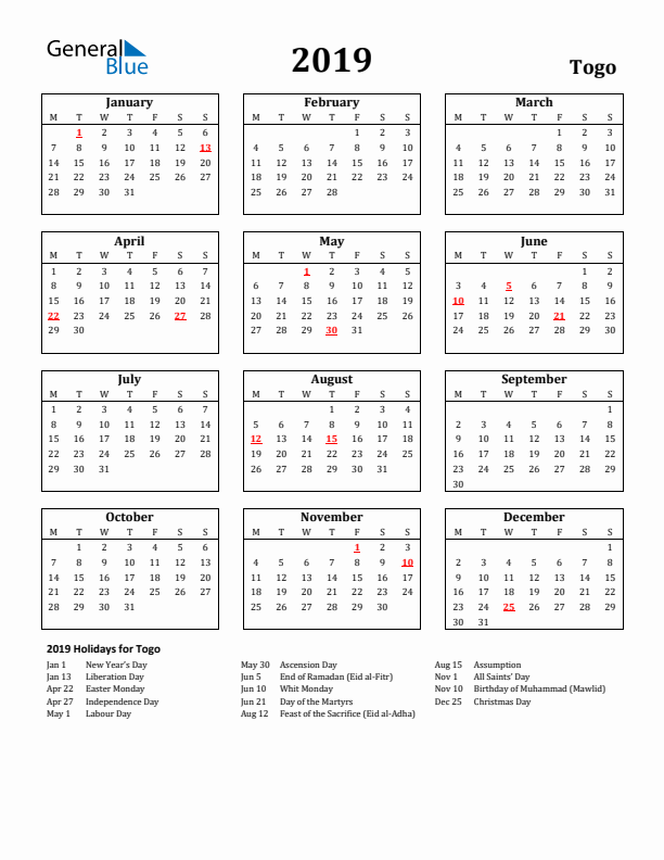 2019 Togo Holiday Calendar - Monday Start