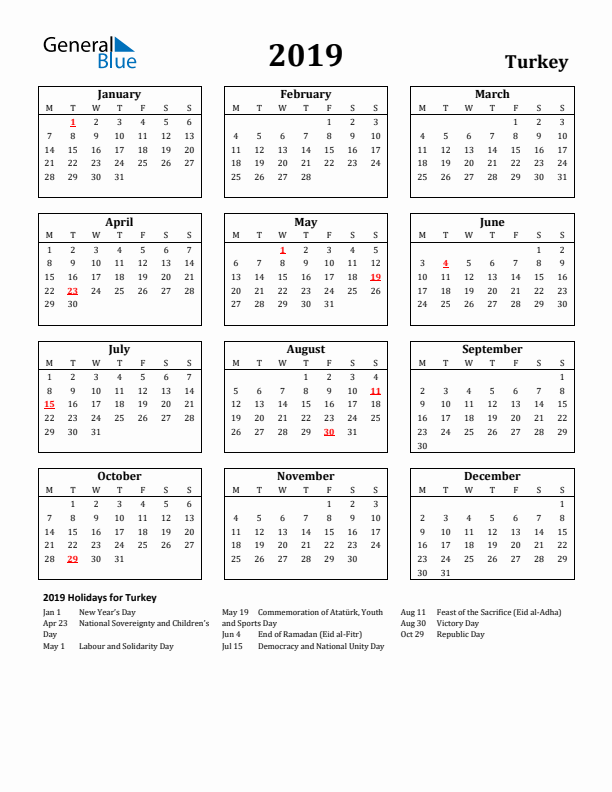 2019 Turkey Holiday Calendar - Monday Start