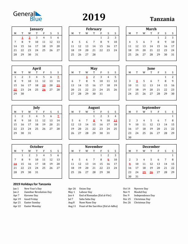 2019 Tanzania Holiday Calendar - Monday Start