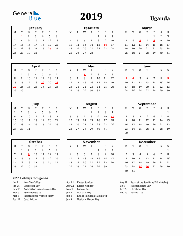 2019 Uganda Holiday Calendar - Monday Start