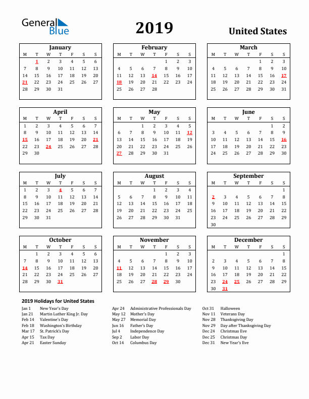2019 United States Holiday Calendar - Monday Start