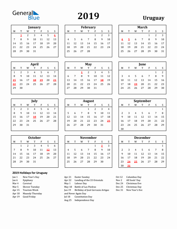 2019 Uruguay Holiday Calendar - Monday Start