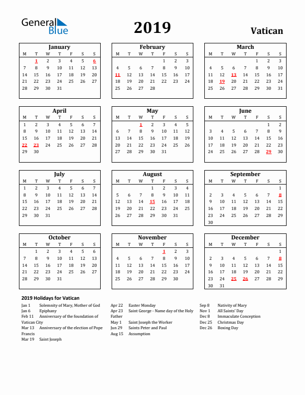 2019 Vatican Holiday Calendar - Monday Start