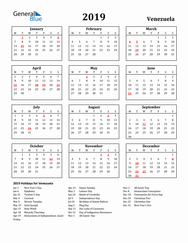2019 Venezuela Holiday Calendar - Monday Start