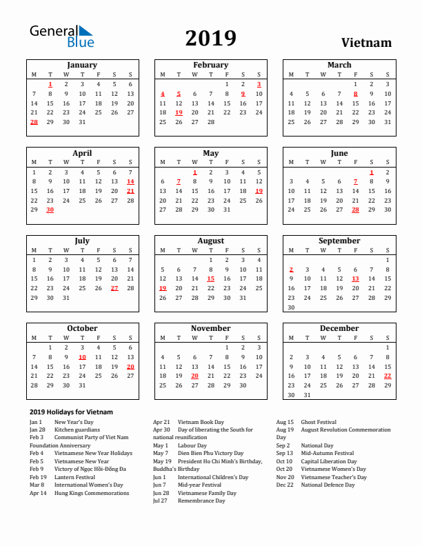 2019 Vietnam Holiday Calendar - Monday Start