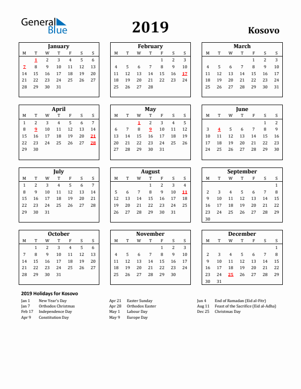 2019 Kosovo Holiday Calendar - Monday Start