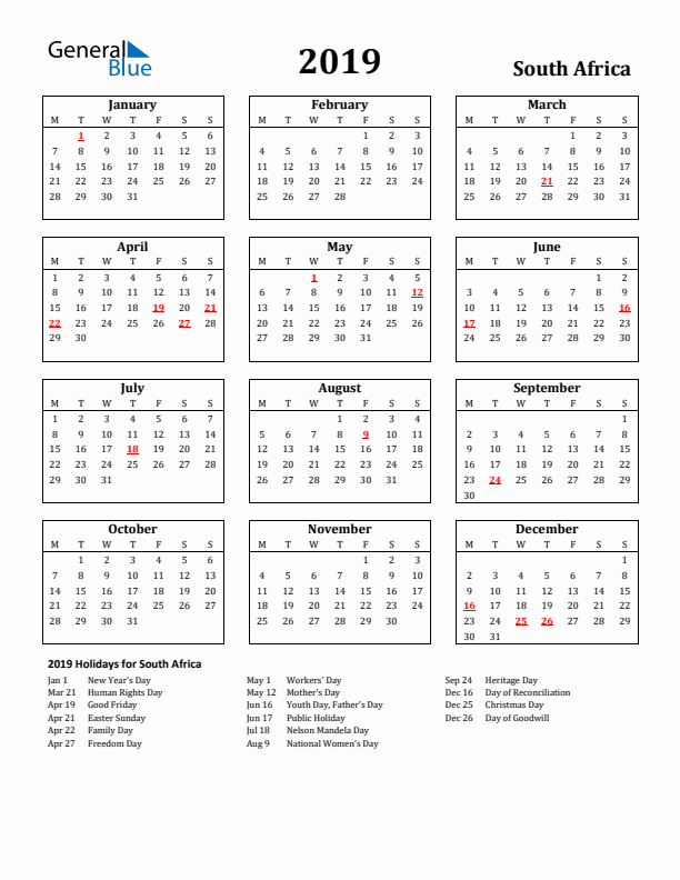 2019 South Africa Holiday Calendar - Monday Start