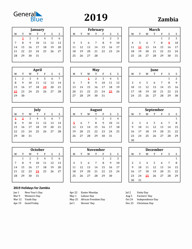 2019 Zambia Holiday Calendar - Monday Start